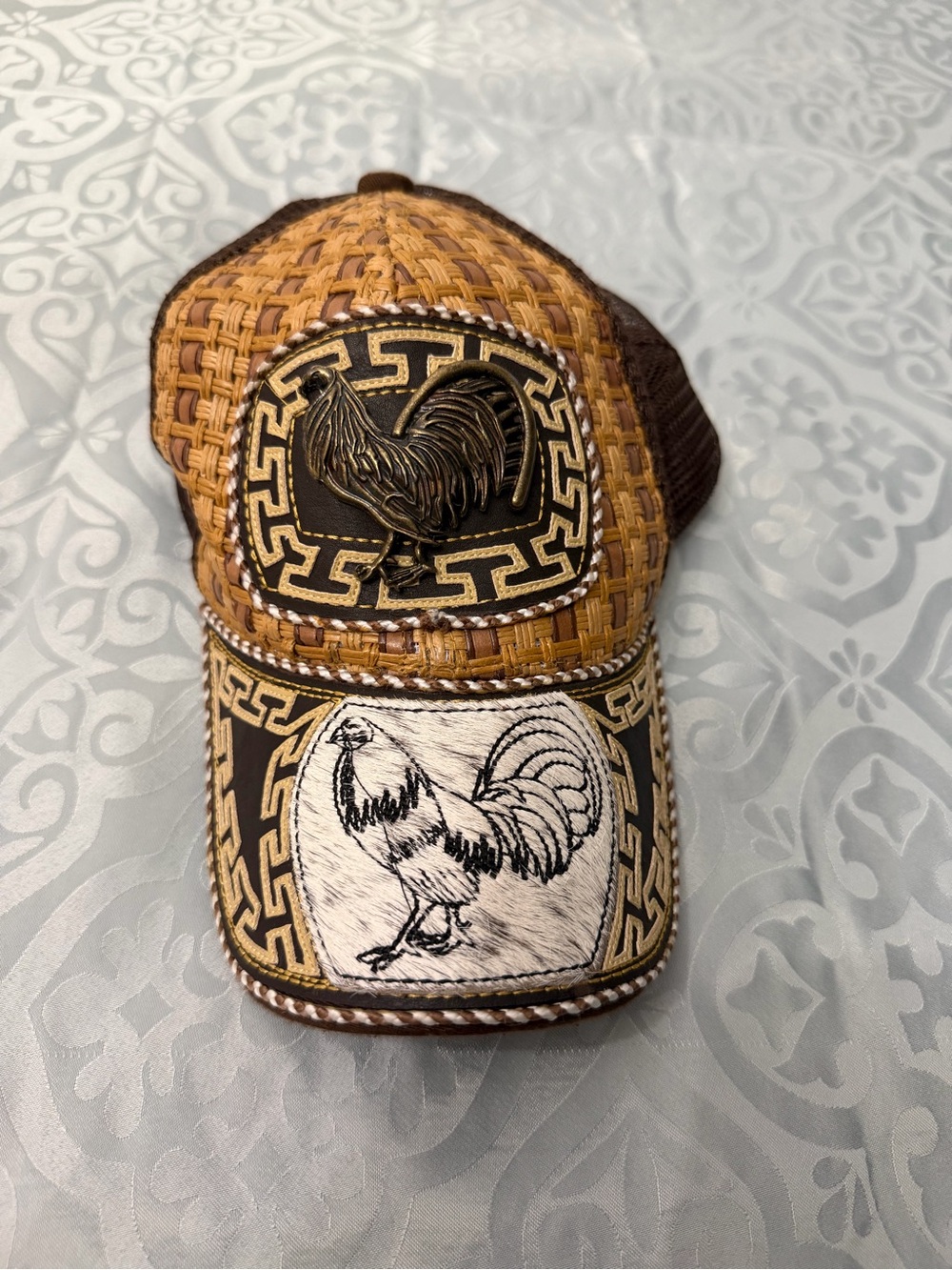 Brown Rooster Embroidered & Woven Mesh Trucker Hat